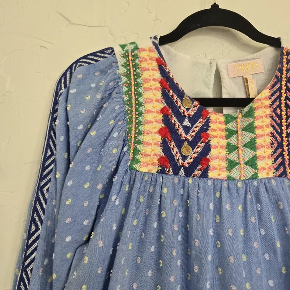 Anthro Verb by Pallavi Embroidered Swiss Dot Boho Blue Top - Picture 3 of 13